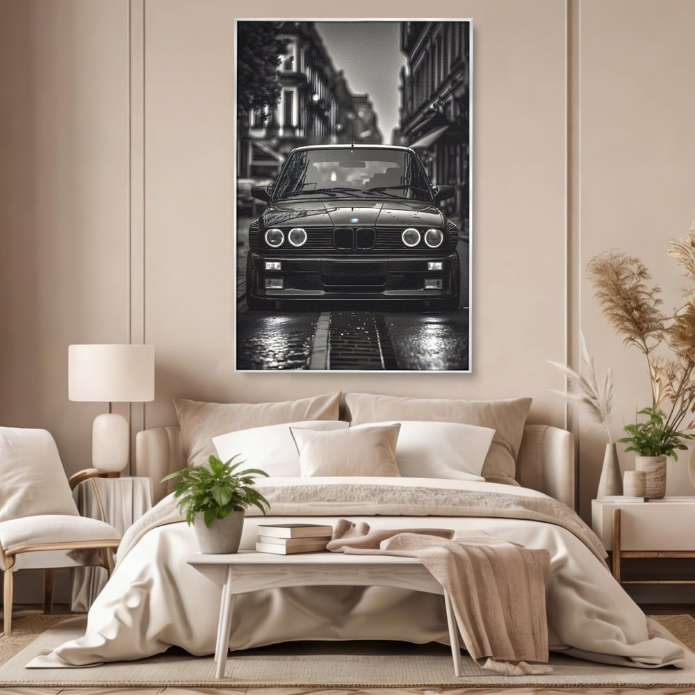 Tablou canvas cu tablou canvas cu masina bmw clasica, in rama de aluminiu argintiu, pe perete intr-un dormitor